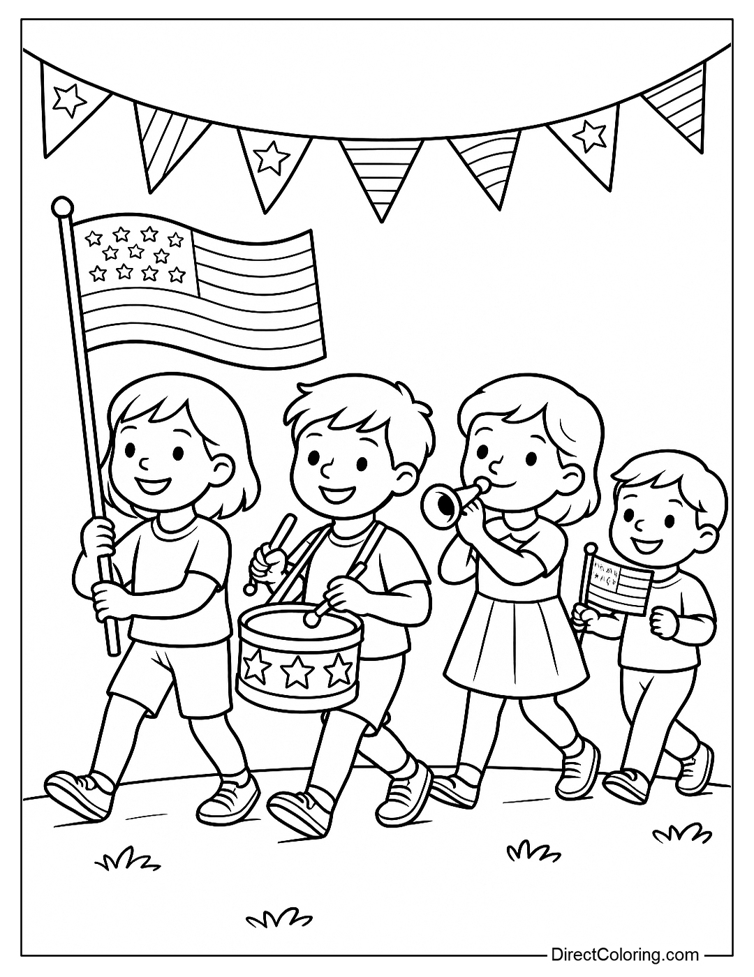Coloring page of a group of children marching with flags, with drums and small trumpets.